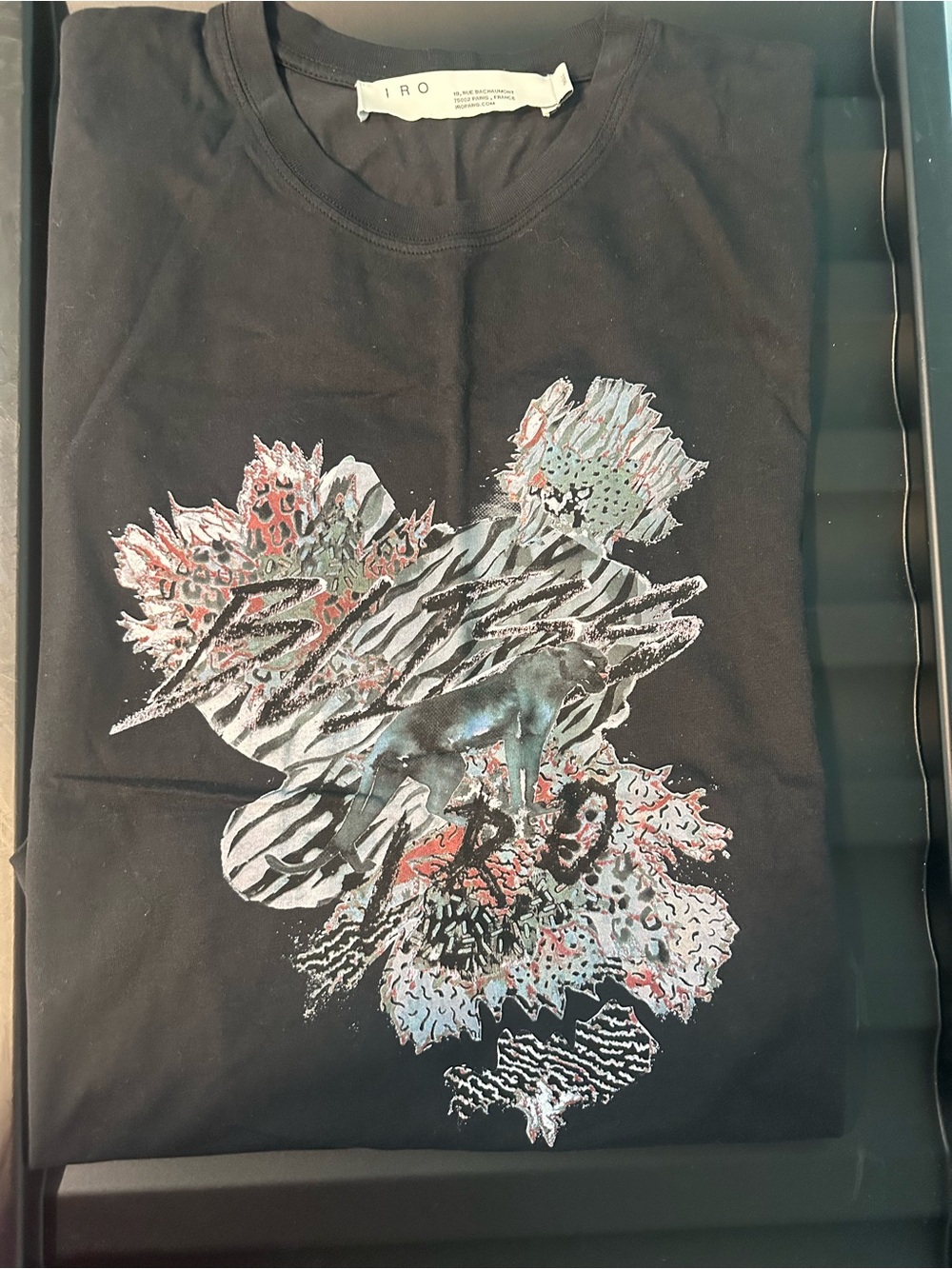 IRO Black Short Sleeve Tee with Multicolor Abstract Graphic